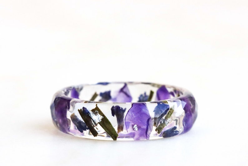 Lavender Resin Ring with Pressed Flowers and Leaves Dried Lavender Clear Blue Purple Green Ring Real Flowers Inside image 8