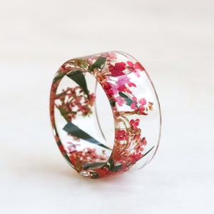 Wide Ring with Pressed Real Pink Queen Anne's Lace Flowers, Green Leaves and Gold/Silver/Copper Flakes, Nature Inspired Floral Resin Ring