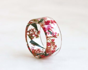 Wide Ring with Pressed Real Pink Queen Anne's Lace Flowers, Green Leaves and Gold/Silver/Copper Flakes, Nature Inspired Floral Resin Ring