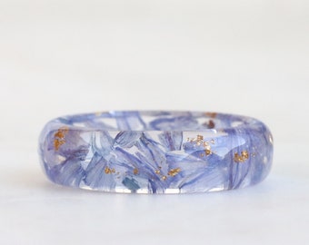 Nature Inspired Resin Ring with Dried Blue Statice Flower Petals and Gold Flakes  - Clear Faceted Ring