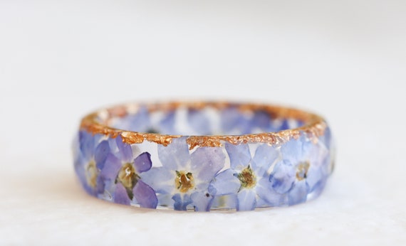 Forget me not Ring Floral Band With Light Blue Flowers and Gold