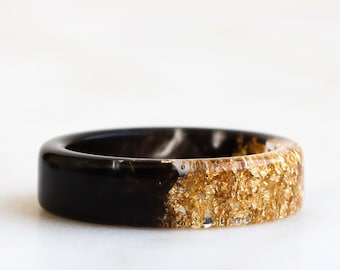 Two-Sided Ring, Black and Gold/Silver Resin Band, Nature Inspired Band with Gold/Silver Flakes, Chunky Ring, Mix-And-Match Jewelry