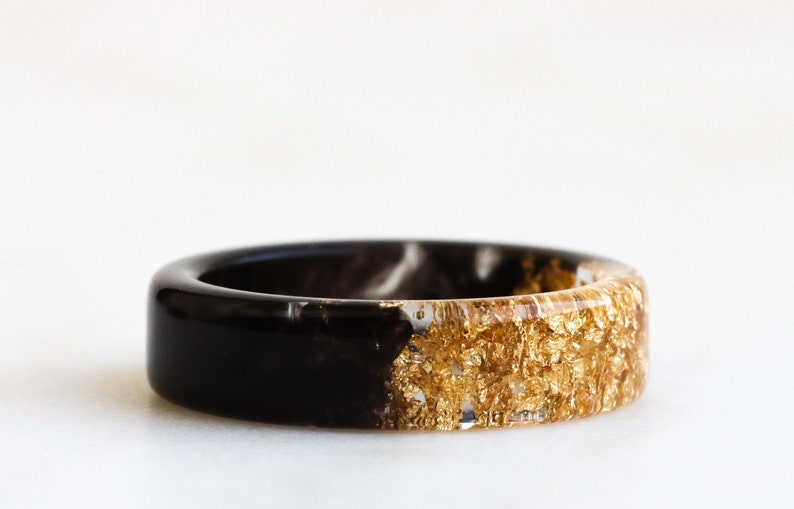 Two-Sided Ring, Black and Gold/Silver Resin Band, Nature Inspired Band with Gold/Silver Flakes, Chunky Ring, Mix-And-Match Jewelry image 1