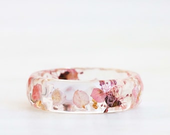 Pink Blossom Ring, Elegant Faceted Resin Ring with Real Petals and Gold/Silver/Copper Flakes, Nature Inspired Jewelry, Holiday Gift