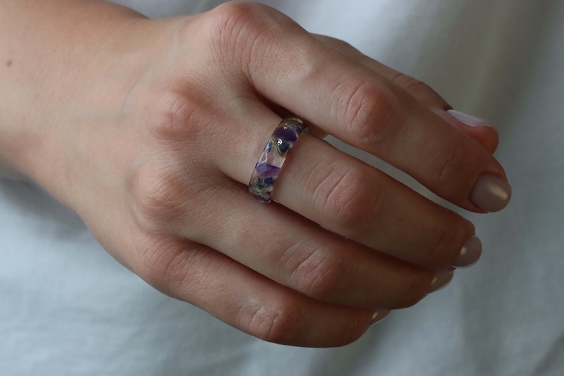 Lavender Resin Ring with Pressed Flowers and Leaves Dried Lavender Clear Blue Purple Green Ring Real Flowers Inside image 7