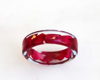 Resin Ring With Pressed Red Petals and Gold/Silver/Copper Flakes, Nature Inspired Resin Jewellery, Birthday Gift