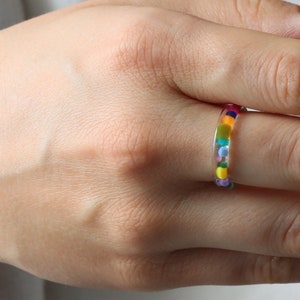 Thin Resin Ring With Rainbow Drops Inside Clear Ring Nature Inspired Jewelry Birthday Gift Statement Jewelry image 3