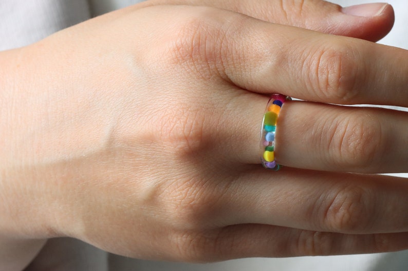 Thin Resin Ring With Rainbow Drops Inside Clear Ring Nature Inspired Jewelry Birthday Gift Statement Jewelry image 3