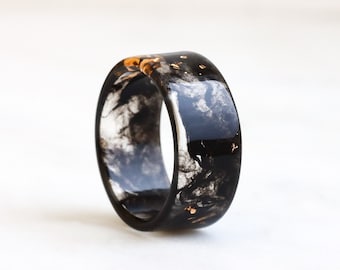 Bague noire, large bague en résine avec flocons d'or/cuivre/argent, idée cadeau, jonc épais, idée cadeau de Noël