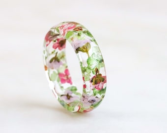 Floral Resin Ring, Pressed Queen Anne's Lace and Alyssum Flowers, Nature Inspired Gift, Real Flowers Inside, Pressed Flower Art