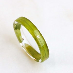 Può includere: Un anello in resina verde con elementi naturali incorporati. L'anello è traslucido e ha una finitura liscia e lucida.