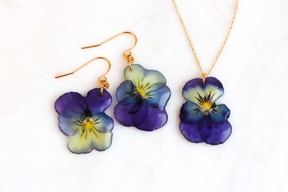Pansy Jewelry Set, Real Purple Pressed Flower Earrings Necklace, Gift for Her