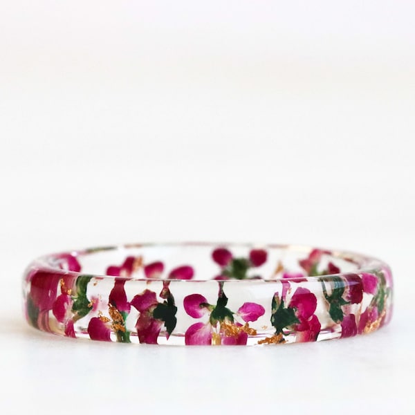 Gepresste rosa Blumen-Harz-Ring, Gold- / Silber- / Kupferflocken, stapelbares Band