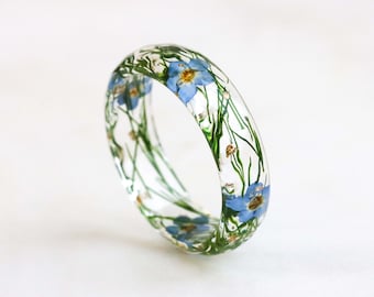 Bague en résine avec fleurs myosotis et asperges, vraies fleurs à l'intérieur, bague à facettes avec petites fleurs bleues, cadeau inspiré de la nature