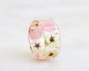 Resin Ring with Pressed Pink Delphinium Petals and White Spiraea Flowers, Wide Ring with Real Flowers, Transparent Ring