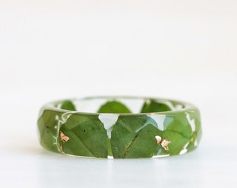 Clover Resin Ring, Real Pressed Green Leaves and Silver/Gold/Copper Flakes, Nature Inspired Jewelry, Faceted Ring, St. Patrick's Day Gift