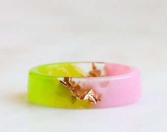 Two-Sided Resin Ring, Pink and Green Ring with Gold/Silver/Copper Flakes, Chunky Ring, Summer Accessory, Nature Inspired Jewelry