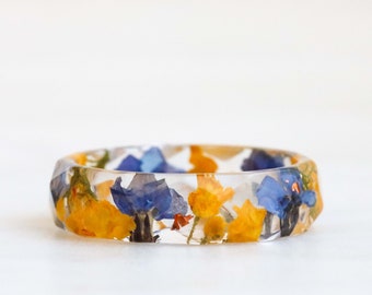 Forget-Me-Not Ring, Elegant Faceted Resin Ring with Real Flowers and Gold/Silver/Copper Flakes, Nature Inspired Jewelry, Mother's Day Gift