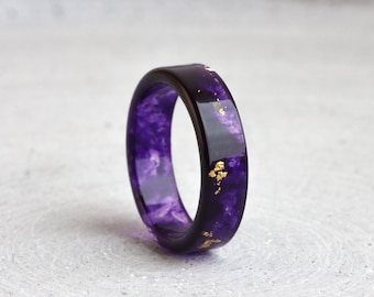 Purple Resin Ring with Gold Flakes, Handmade Jewelry