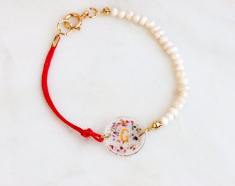 Initial Bracelet with Pressed Multicolour Petals, Gold Flakes and White Pearl - Nature Inspired Friendship Bracelet - Personalized Gift