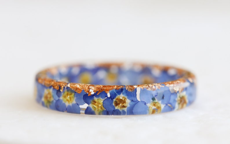 Nature Inspired Clear Resin Ring Band with Pressed Forget-Me-Not Flowers and Gold Flakes, Real Flowers Inside, Blue Ring, Mother's Day image 1