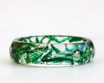 Moss Ring, Nature Inspired Resin Band, Emerald Green Ring, Woodland Ring, Mother's Day Gift, High-Quality Handmade Jewelry