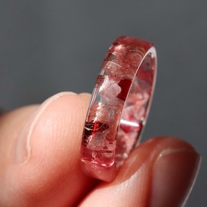 Pink Bougainvillea Resin Ring, Red Eucalyptus Leaves and Gold/Silver/Copper Flakes