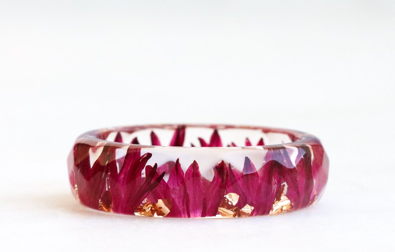 Resin Ring with Burgundy Bachelor Button Flower PetalsㆍCornflower Petals and Gold/Silver/Copper Flakes Inside ㆍNature Inspired Jewelry image 2