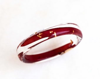 Red Petal Resin Ring, Real Flower Band with Gold Silver Copper Flakes