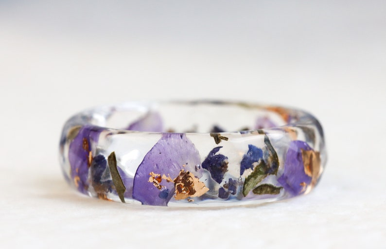 Lavender Resin Ring with Pressed Flowers and Leaves Dried Lavender Clear Blue Purple Green Ring Real Flowers Inside image 4