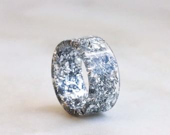 Resin Ring Band with Silver Flakes - Silver Ring - Wedding Band