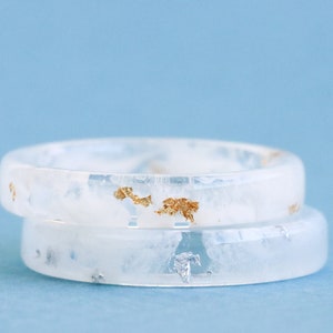 Set of Two Thin Resin Rings - White Ring with Gold/Silver/Copper Flakes - Transparent Ring - Friendship Gift