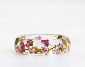 Resin Ring with Flowers, Real Pink Alyssum and Gypsophila Inside, Faceted Ring, Nature Inspired Jewelry, Christmas Gift