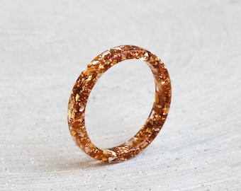 Nature Inspired Resin Ring With Gold Flakes, Thin Ring, Clear Ring Band, Mother's Day Gift, Stackable Band