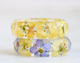 Floral Ring Set, Real Alyssum and Forget-Me-Not Flowers Inside, Lilac Yellow Rings, Nature Inspired Floral Gift, Matching Rings