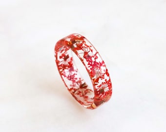 Red Pressed Flower Ring, Resin Band with Metal Flakes, Nature Inspired Jewelry