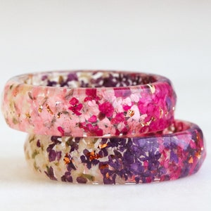 Resin Ring with Pressed Pink, Purple, White Queen Anne's Lace Flowers and Silver/Gold/Copper Flakes, Faceted Ring image 7