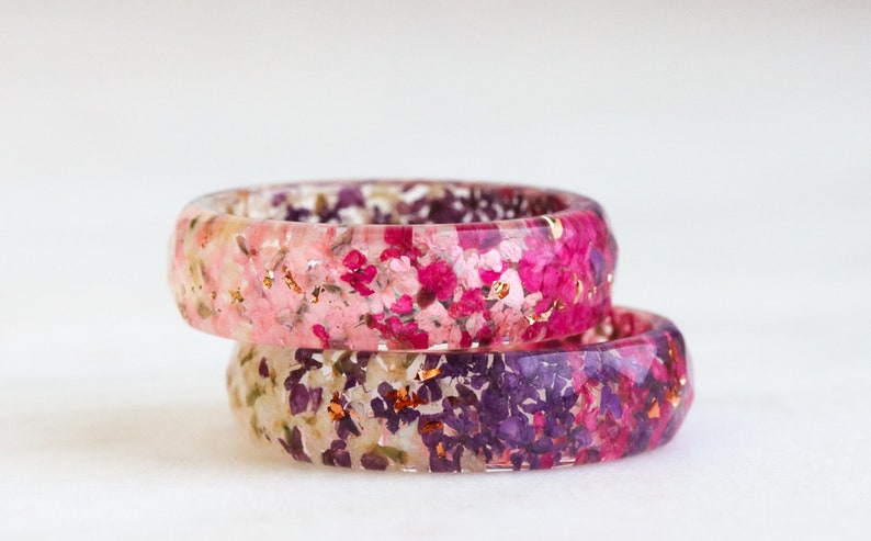Resin Ring with Pressed Pink, Purple, White Queen Anne's Lace Flowers and Silver/Gold/Copper Flakes, Faceted Ring image 7