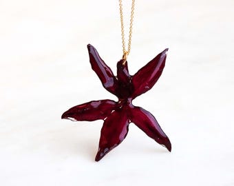 本物の蘭のペンダントネックレス、バーガンディの花、ゴールド/シルバーメッキチェーン付き
