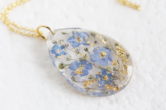 Handmade Blue flowers Floral gift Real pressed blue petals in gold circle pendant with chain Resin Pressed flower Cornflower necklace