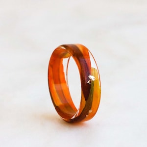 Floral Resin Ring with Metal Flakes, Non-Faceted Resin Ring, Nature Inspired Handmade Jewellery, Real Orange Petal Band
