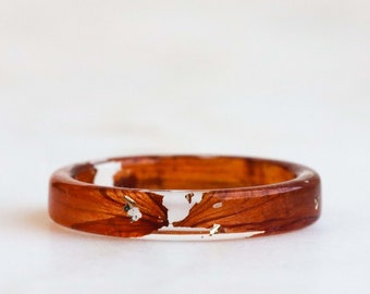 Marigold Resin Ring Band, Real Pressed Petals and Gold/Silver/Copper Flakes, Nature Inspired Thin Band