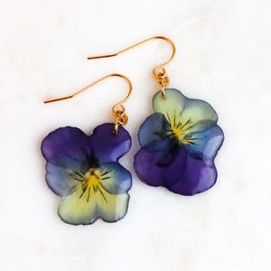 Pressed pansy flower earrings with natural purple and yellow petals