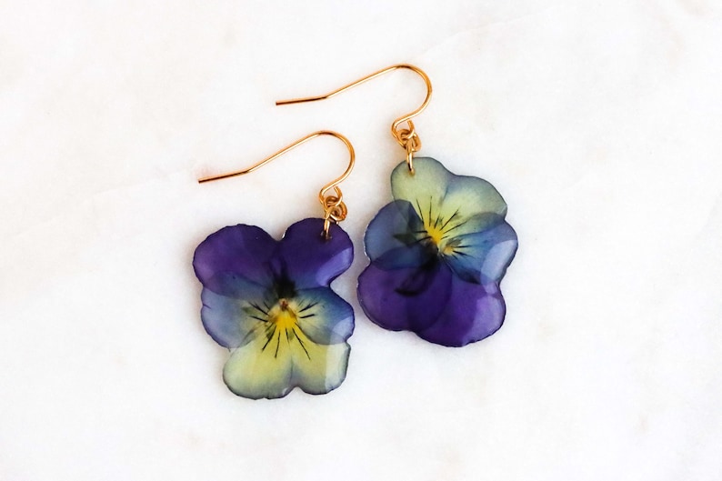 Pressed pansy flower earrings with natural purple and yellow petals