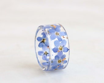 Forget-Me-Not Ring with Pressed Blue Purple Flowers and Gold/Silver/Copper Flakes, Wide Ring Band, Nature Inspired Mother's Day Gift