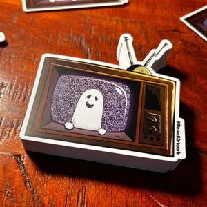 Ghost TV Die-Cut Stickers // Spooky Halloween Laptop Decals // Cute Cartoon Waterproof Scrapbook Sticker Pack // Retro Vibe Vinyl Decal Set