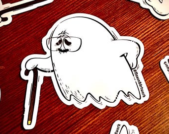 Grampa Ghost Sticker: 3-Inch Waterproof Old Man Ghost with Cane