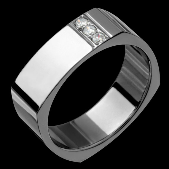 7mm Square Titanium Diamond Ring High Polish Custom Made Unisex