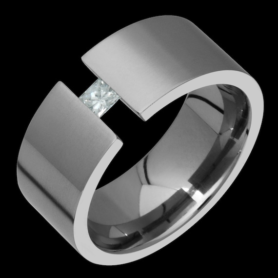 10mm Tension Set Titanium Princess Cut Diamond Ring Custom Made