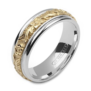 Silver and Gold 7mm Mens Womens Two-Tone .925 Sterling Silver & 10K Yellow Solid Gold Wedding Band Fashion Ring